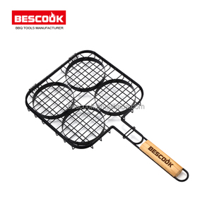 Cesto da esterno professionale <span class=keywords><strong>in</strong></span> <span class=keywords><strong>ferro</strong></span> rotondo con manico <span class=keywords><strong>in</strong></span> legno per barbecue antiaderente per un perfetto barbecue da esterno - Product Image 4