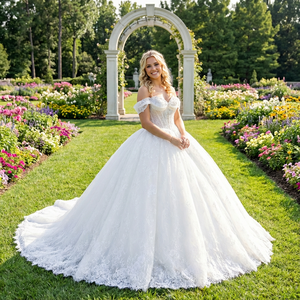 Vestido de Fiesta/Boda Dy6991 con Volantes Florales Naturales, Escote Corazón, Encaje Abullonado, Cuentas y Apliques de Cristal, Largo hasta el Suelo, Cola Capilla - Product Image 1