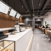 Comptoir de bar à café commercial blanc personnalisable OEM avec éclairage LED, design écologique de haute qualité pour café professionnel