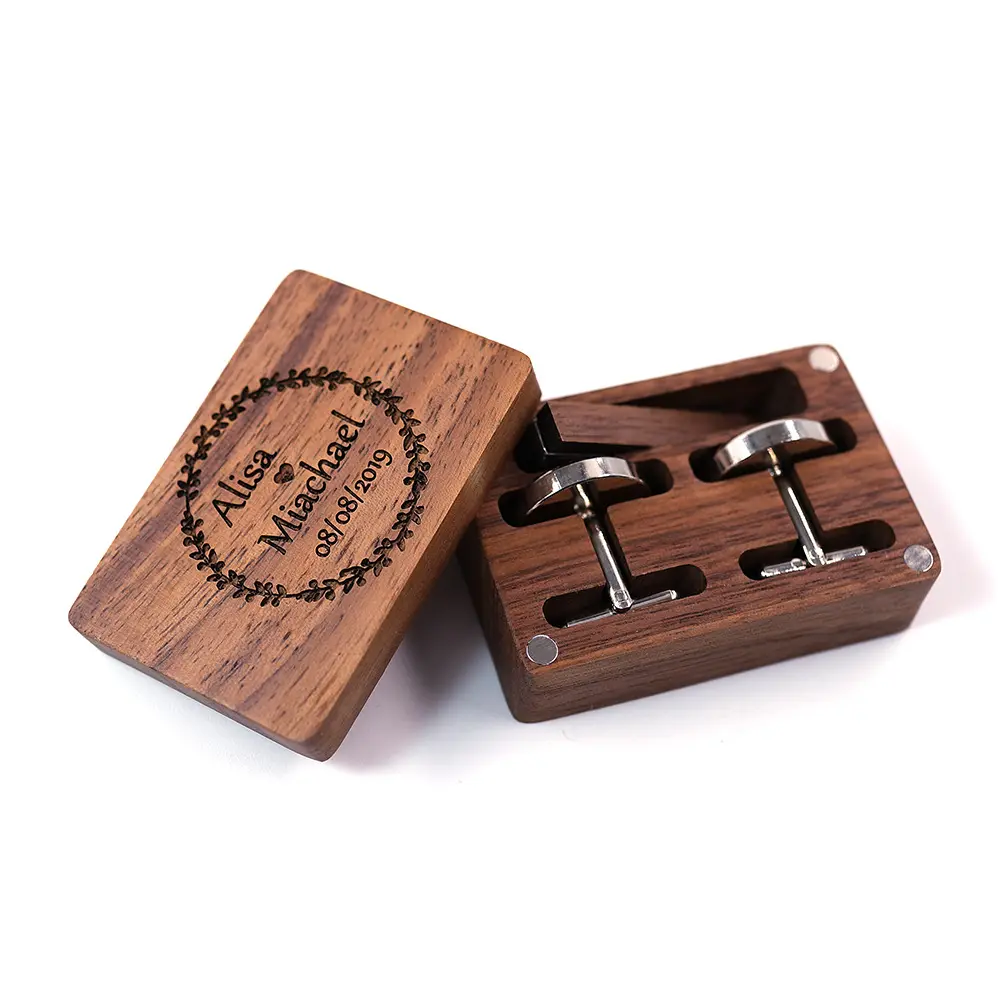 Manschetten knöpfe aus schwarzem Walnussholz Krawatten klammer Geschenkset individuelles Logo magnetischer Schmuck Geschenk Holz verpackungs box