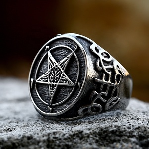Anillo de Pentagrama Baphomet de Acero Inoxidable 316L para Hombre, Tono Plateado Antiguo, Símbolo Oculto, Estilo Rebelde Oscuro, Joyería Punk para Motociclistas - Product Image 4