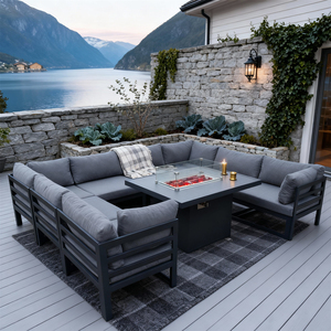 Ensemble de salon d'extérieur d'inspiration norvégienne avec structure en aluminium, coussins personnalisables et table foyer pour terrasse nordique en bord de lac - Product Image 1