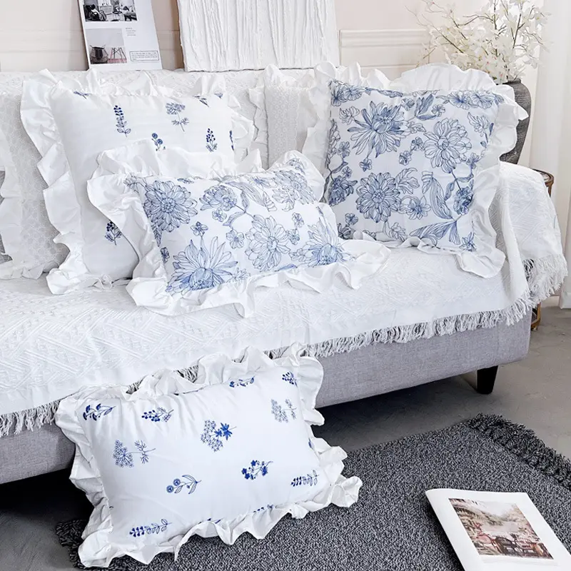 Cojín de sofá de dormitorio con borde de hoja de loto de campo de estilo europeo funda de cojín de flores bordadas de algodón puro