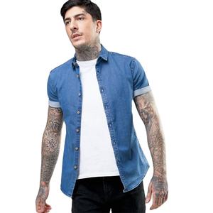 Nuova <span class=keywords><strong>Camicia</strong></span> in Denim Morbido KY per Uomo, Colletto Aperto, Abbottonatura Frontale, Manica Corta, Lavaggio Blu Medio, Vestibilità Aderente Elasticizzata - Product Image 1