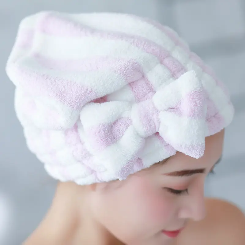 Eco Friendly Hair Shower Cap Striped Pattern Bowknot Dry Hair Super Absorbent Salon Head Quick-drying Bath Hair Wrap Hat Towel