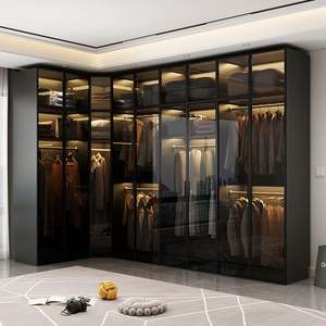 Factory Wholesale Manufacture Modern Black Glass Door <b>Wardrobe</b> <b>with</b> LED Lighting | Luxury Built-in Bedroom Closet System - Product Image 4