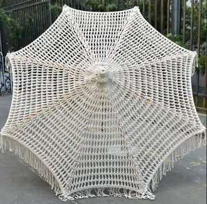 Wholesale Cotton Crochet Outdoor Large Beach Macrame Parasols With Fringes Home Boho Decor Wooden Resort Patio Garden Umbrella