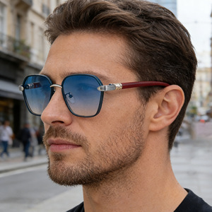Nouvelles lunettes de soleil rétro pour hommes, monture carrée, branches effet bois, protection UV400, pour la conduite en extérieur - Product Image 5