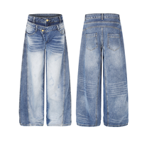 Celana Jeans Pria Grosir Model Double Waistband Straight Leg Vintage Washed Denim Heavyweight 2026 Gaya Baru Streetwear Custom OEM
