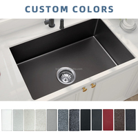 Évier de cuisine moderne à cuve unique en granit composite sous-couche, noir mat, 24 pouces, surface brossée, couleur personnalisée
