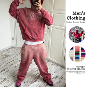 Мужской винтажный спортивный костюм с эффектом кислотной стирки: худи на молнии и прямые расклешенные брюки - Product Image 1