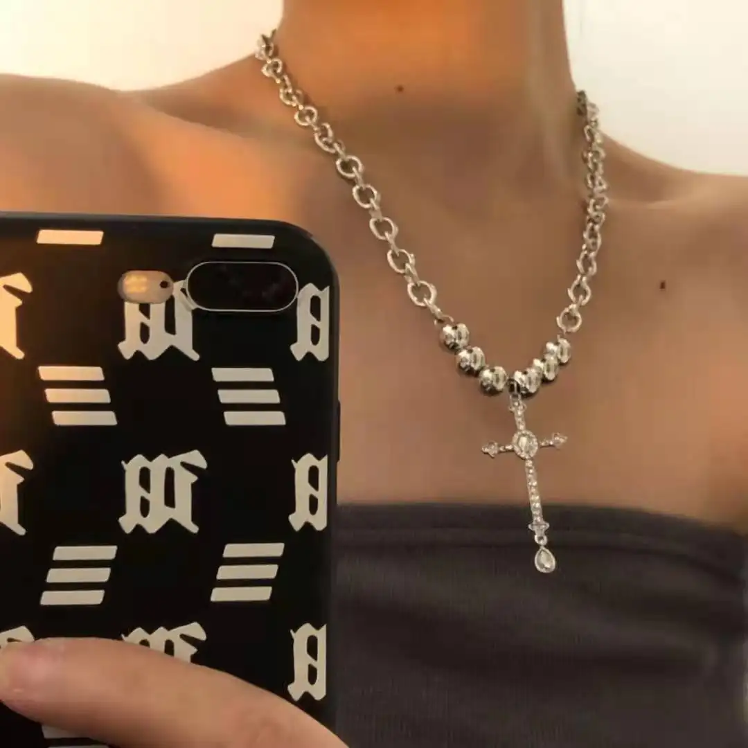 Fine Jewelry Multi Layers Perlen Link Chain Edelstahl Kreuz Anhänger Halskette Zubehör für Frauen