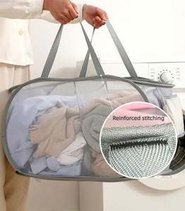 Panier à linge pliable en maille 92L, panier à linge rectangulaire en nylon avec poche latérale - Product Image 3