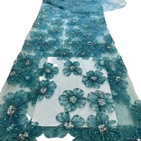 Tissu non tissé extensible en mousseline de soie avec broderie florale bleue, dentelle, strass, paillettes et perles pour robes de mariée WFB-223