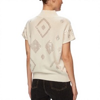 Pull à manches courtes pour femmes personnalisé basique demi col roulé motif géométrique paillettes brodées
