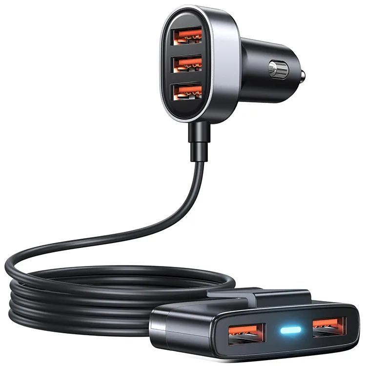 5 Multi Port With 5FT Cable Fast Charging Cigarette Lighter USB Car Charger Adapter