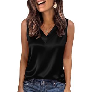 FOXA Débardeur en satin de soie pour femme, col en V, sans manches, chemisier décontracté, coupe régulière, chemise d'été - Product Image 1