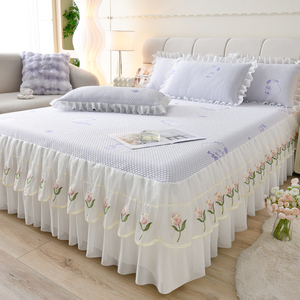 Summer Cooling Ice Silk Mattress <b>Pad</b> With <b>Bed</b> Skirt Embroidered Floral Design Breathable Soft Mat Single Piece Set Machine - Product Image 3