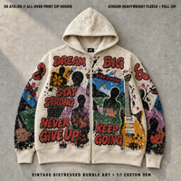 Sweat à capuche zippé intégral Custom Atelier Oatmeal 420 g/m² avec impression intégrale, motif guitare électrique effet vieilli et bulles, style streetwear, OEM ODM