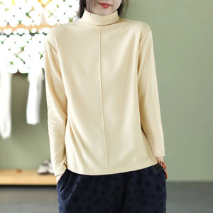 Derong Women's Half High Neck <b>Long</b> <b>Sleeve</b> T-Shirt Beige Ginger Yellow Green Coffee Black Solid Color Splicing <b>Base</b> <b>Layer</b> Slim - Product Image 5