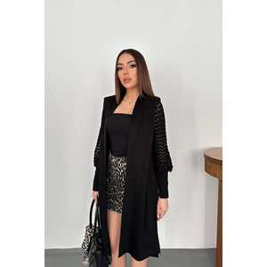 Cardigan court noir en maille tricotée, imprimé uni, en cachemire, avec boutons décoratifs, vente en gros - Product Image 4