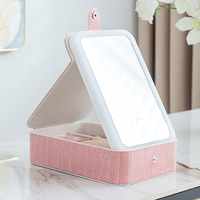 Miroir de courtoisie portable pliable en PU avec lumière LED tricolore, sac de rangement pour maquillage et bijoux en extérieur, produit de beauté et de soins personnels