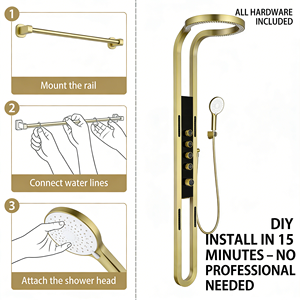 Panneau de douche intelligent à LED avec cascade, mitigeur thermostatique eau froide, finition or doré ou noir de luxe, commande tactile - Product Image 4