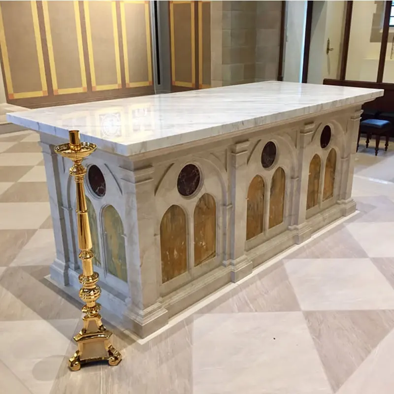 Çin fabrika toptan katolik kilisesi mobilya el oyma doğal katı mermer taş sunak masa