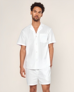 Conjunto de Camisa y Pantalones Cortos de Satén de Algodón Blanco para Hombre, Cuello Camisero, Color Sólido, Ropa Casual de Verano, Tela Transpirable - Product Image 1