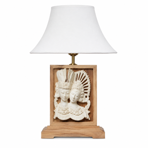 Lampe de table dansante balinaise, base en bois, abat-jour couleur bois naturel, style asiatique moderne, durable, écologique, mobilier de maison, salle à manger - Product Image 1