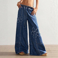 Celana Jeans Wanita Eropa Amerika 2026 Bordir Bunga Model Kaki Lebar Pinggang Tinggi Ujung Raw Fringe Panjang Menyentuh Lantai Gaya Street Style