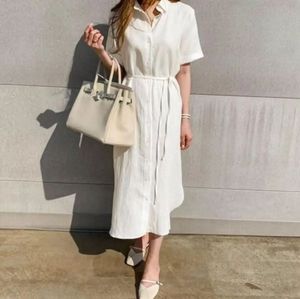 Robe longue ample en lin personnalisée à manches courtes, couleur unie, confortable, pour femme, décontractée, avec ceinture fine à nouer, style chemise. - Product Image 3