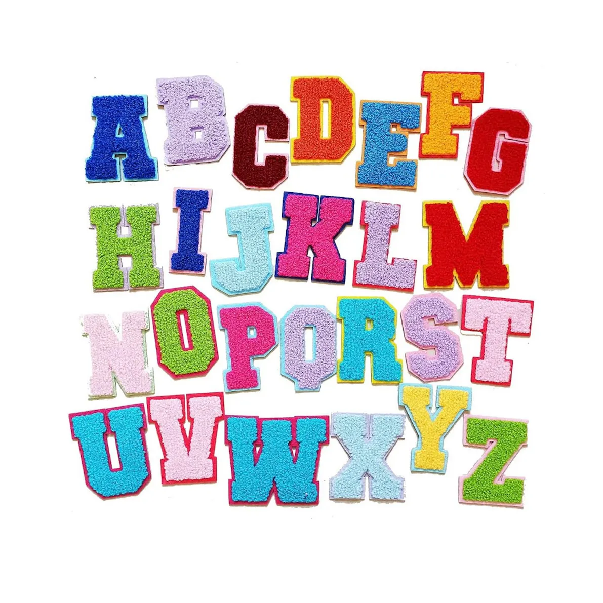 Klassische DIY Hitze presse Backing Handtuch Chenille Letter Patch Neon Farbe Eisen auf Alphabet Chenille Patches für Kleidungs stück Hut Hoodie