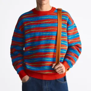 OEM Men Sweater Supplier Thick Crew Neck Long Sleeve Sweatshirt Pullover Fancy Striped Pattern Intarsia Knitted Sweater