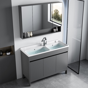Mueble de Baño Independiente con Doble <span class=keywords><strong>Lavabo</strong></span> para Proyectos Hoteleros, Gabinete de Piso Impermeable de Aluminio, <span class=keywords><strong>Lavabo</strong></span> de Cerámica y Gabinete con Espejo - Product Image 1