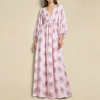 Robes longues élégantes à col en V profond pour femmes, fabriquées sur mesure par des fabricants de vêtements haut de gamme, dos nu, manches longues, décontractées, à fleurs