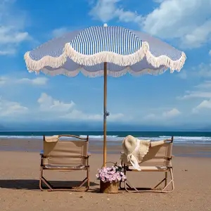 Wholesale Premium Outdoor Blue Wooden Pole Fringe Beach Umbrella With Tassels