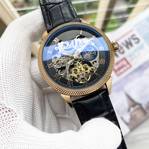 Artisan Luxury Men <b>Skeleton</b> Moon Phase <b>Watch</b> Gold Textured Bezel Leather Strap Bespoke OEM Wholesale - Product Image 1