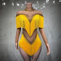 Body sexy en résille transparente noire avec strass et franges, tenue de scène pour chanteuse, danseuse, spectacle, fête, soirée, club
