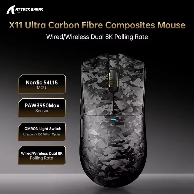 X11 ULTRA Carbon Fiber Wireless BT 8K Gaming Mouse PAW3950MAX 59g SUPERLIGHT Nano-Metal Ice Coating