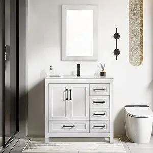 โต๊ะเครื่องแป้งในห้องน้ำสีขาวขนาด36นิ้ว, เซ็ตกระจกในห้องน้ำตู้ไม้หนา