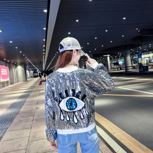 YIZHIQIU Evil Eye Short <strong>Sequin</strong> Bomber Baseball <strong>Jacket</strong> - Product Image 1