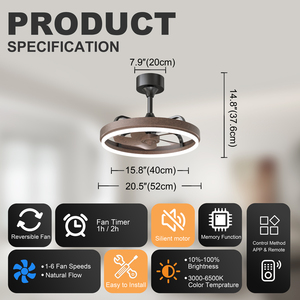 20.5" Rustic Brown 5 Blades <b>Ceiling</b> <b>Fans</b> Lights <b>Remote</b> APP <b>Control</b> LED Downrod Mount 6 Speeds Quiet DC Motor Modern <b>Fan</b> Bedroom - Product Image 6