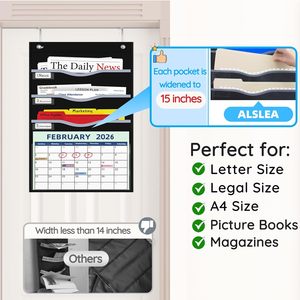 Organizador de archivos colgante de pared con 4 bolsillos, 15 bolsillos extra anchos para oficina, aula, hogar, almacenamiento de correo, tela Oxford negra - Product Image 2