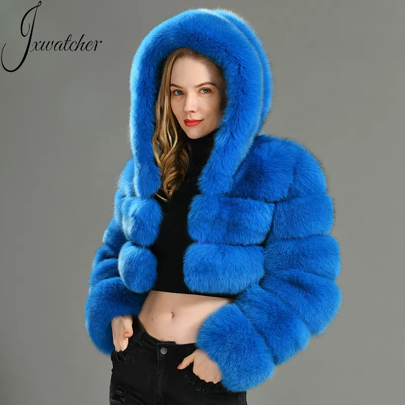 2022 New Fashion Black Ladies Genuine Natural Real Fox Fur Coat Hooded Winter Short Luxury Women Fur Coat Jacket