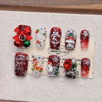 Nouveauté - Vente chaude de Noël - Ongles pressés faits à la main de haute qualité - Ongles artificiels avec motifs d'arbre de Noël et de flocons de neige - 10 pièces