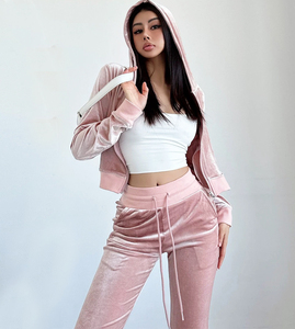 Ladies 2 Pieces Sexy Workout Loungewear Customized Velvet Casual Tracksuits Velour Athletic Sweat Jogging Suit Sets for Women - Product Image 1