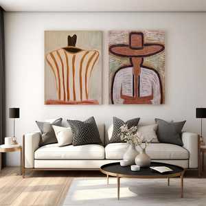 OEM ODM Ensemble de 2 figurines en acrylique, Peintures abstraites de cow-boy du Far West, Art mural vintage de couple sans visage, Décoration sur toile texturée - Product Image 4