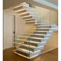 Conception de contremarche fermée personnalisée balustrade en verre trempé complètement cachée marches en bois de 3 pouces d'épaisseur escalier flottant de vol