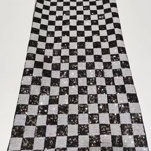 Tela de encaje de lentejuelas a cuadros en blanco y negro terciopelo nuevo <span class=keywords><strong>Material</strong></span> de ropa de banquete africano - Product Image 1